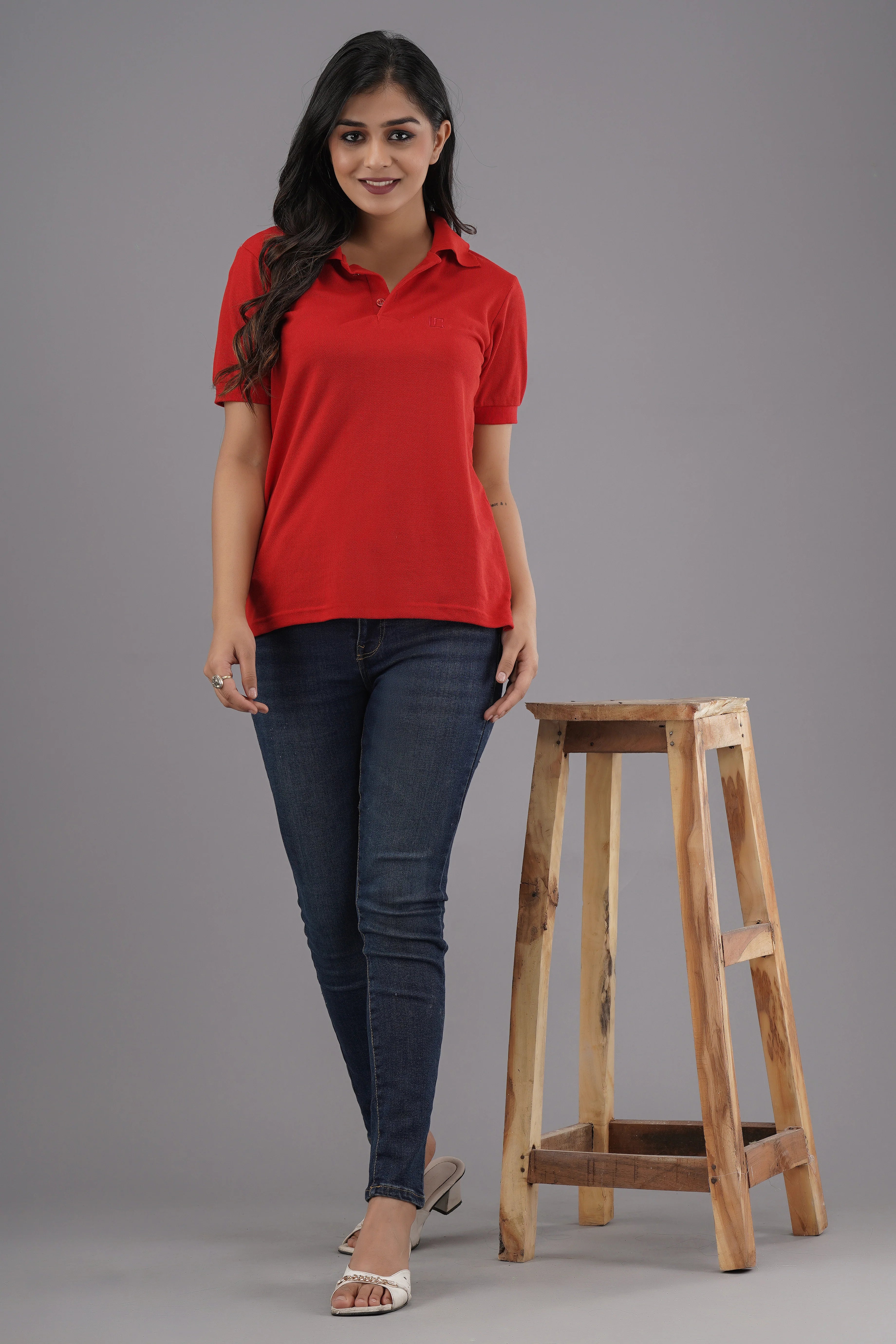 Women's Solid Red Polo Neck T-shirt
