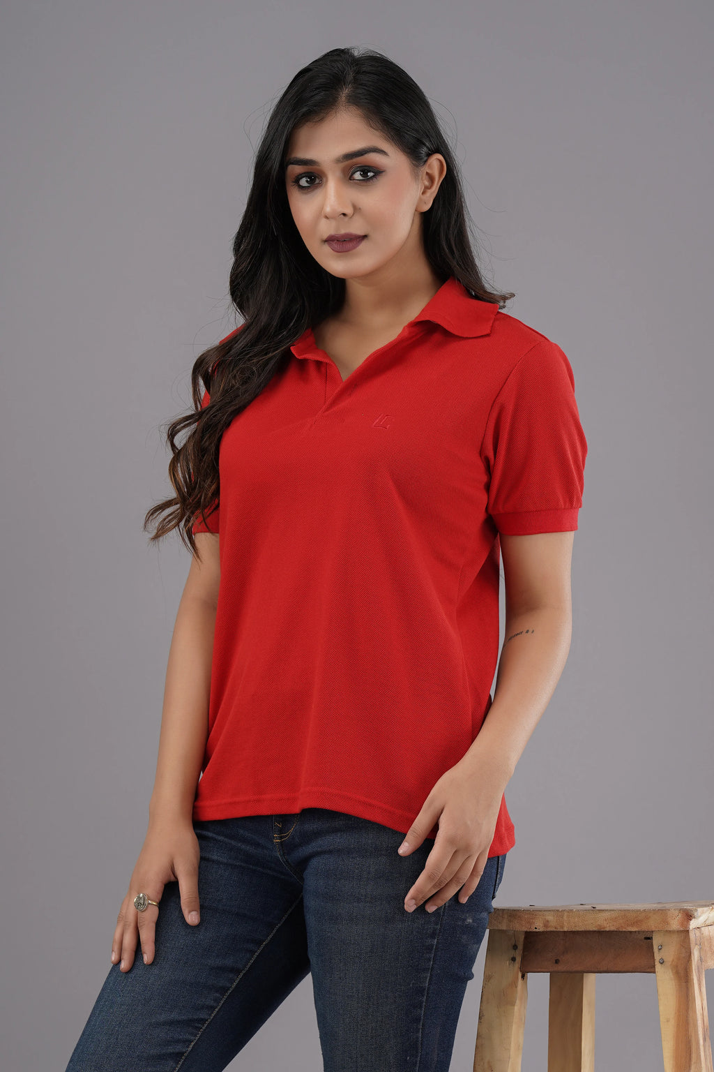 Women's Solid Red Polo Neck T-shirt