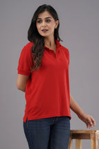 Women's Solid Red Polo Neck T-shirt