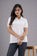 Women's Solid White Polo Neck T-shirt