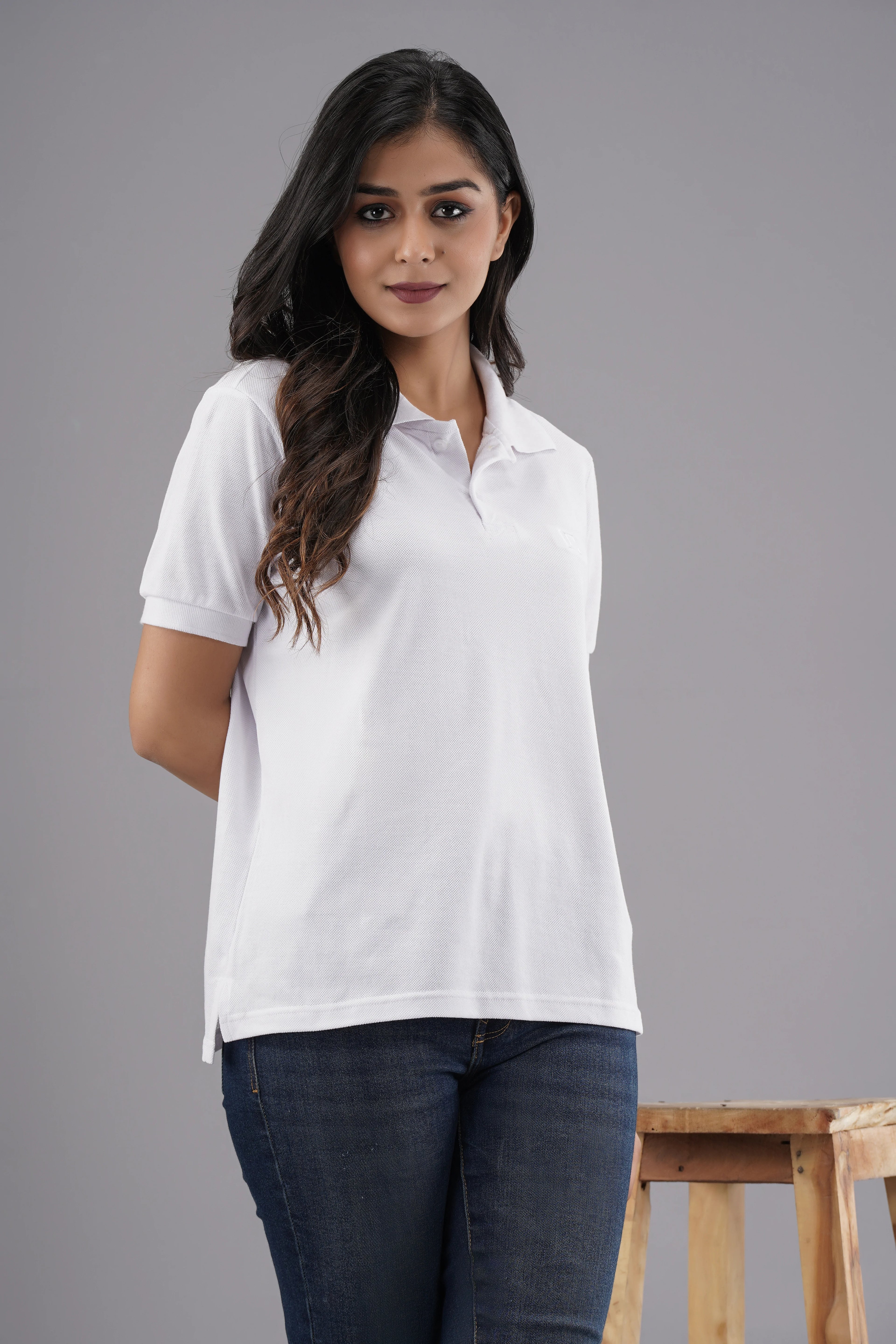 Women's Solid White Polo Neck T-shirt