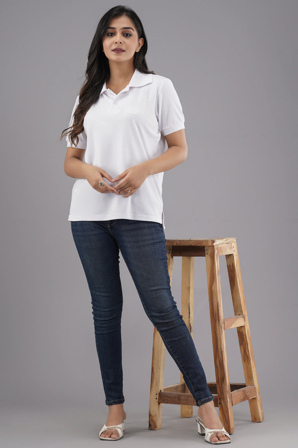 Women's Solid White Polo Neck T-shirt