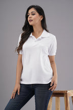 Women's Solid White Polo Neck T-shirt